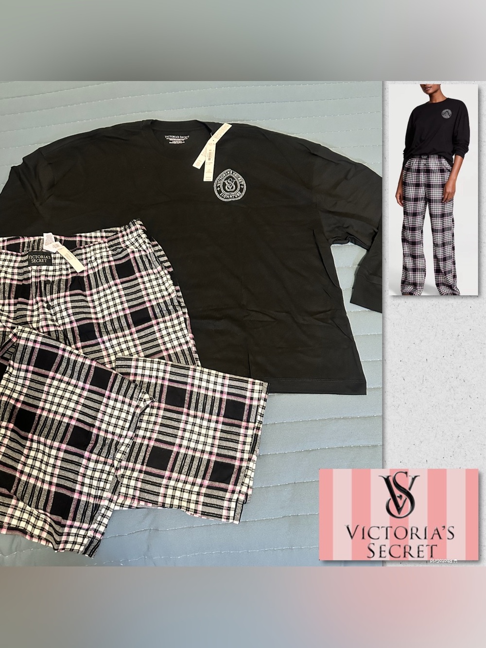Victoria's Secret Black Top with Pink & White Plaid Lounge Pants Pajamas